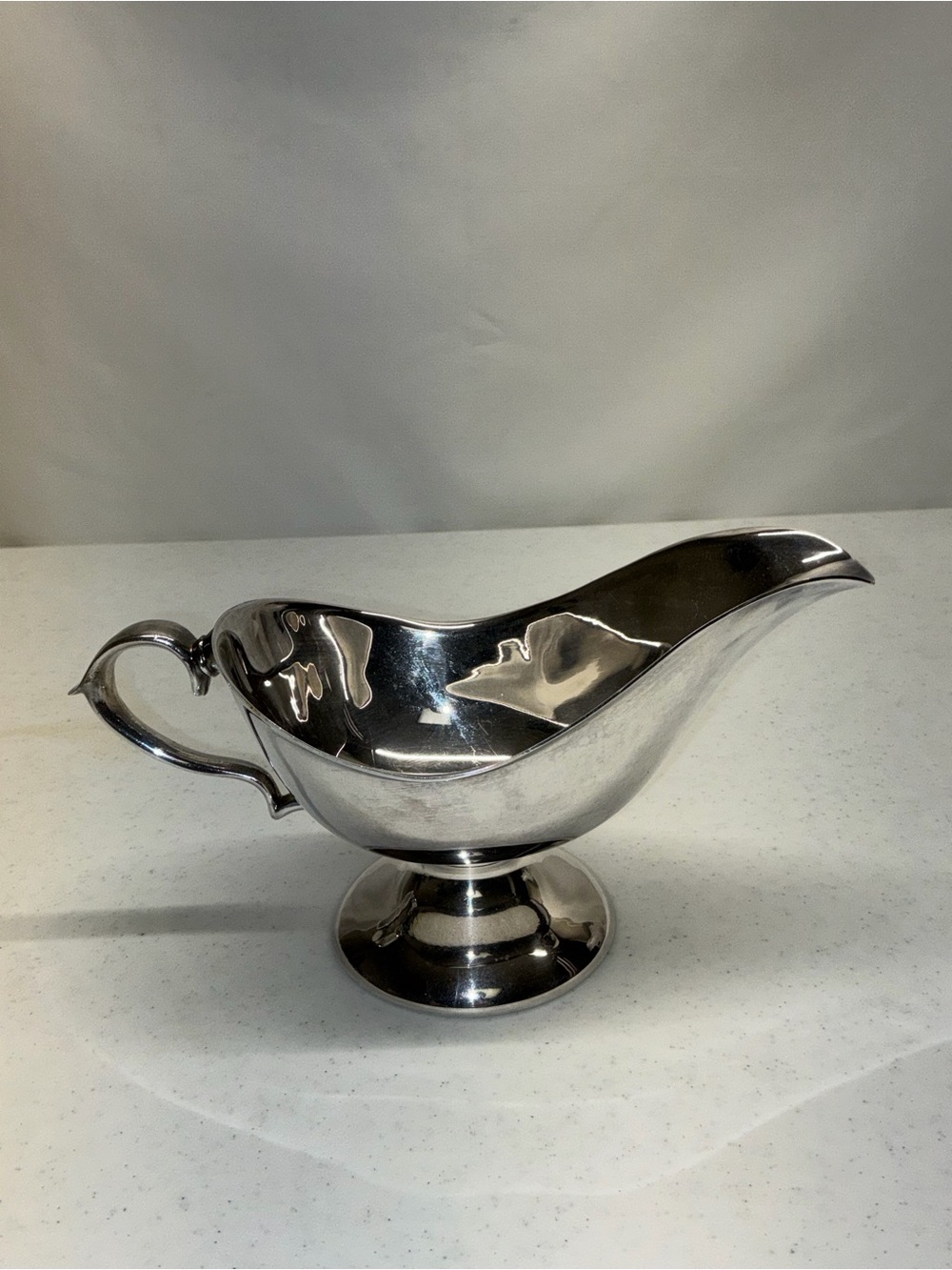 Vintage Silver Plated Gravy Boat Unmarked with Ornate Handle.
